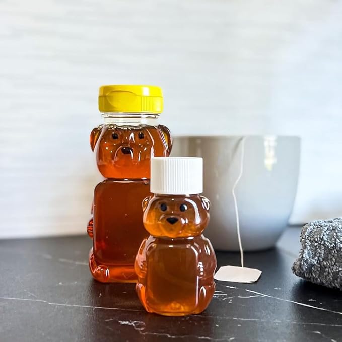 24 Pack of 12 Ounce Clear Honey Bears with Sealable Yellow Flip Top Lids (12 oz. Clear Bear 24pk Yellow)