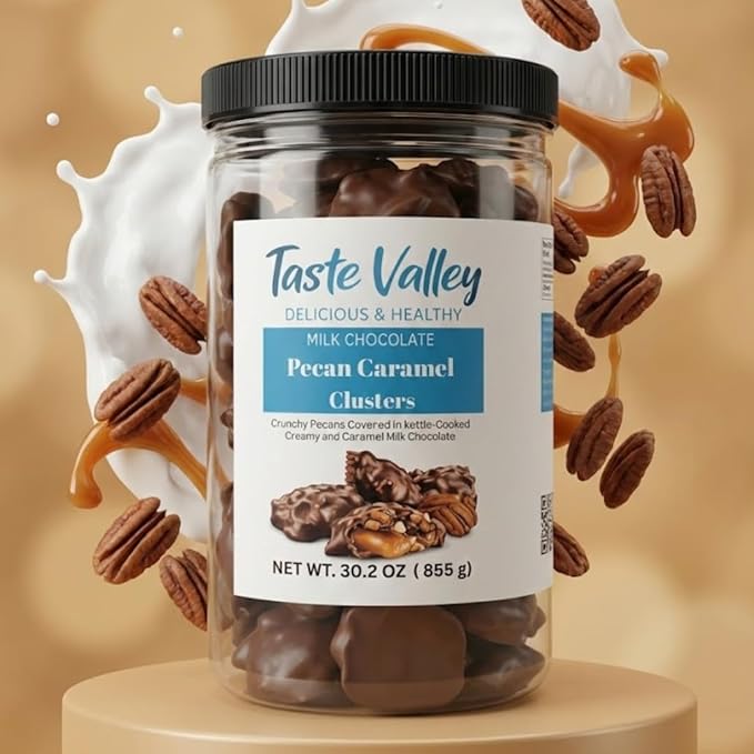 Taste Valley Milk Chocolate Pecan Caramel Clusters – 30 oz Bulk Jar | Gourmet Turtle Candy | Kettle-Cooked Caramel | Holiday Gift | Office Sharing | Sweet Crunchy Indulgence