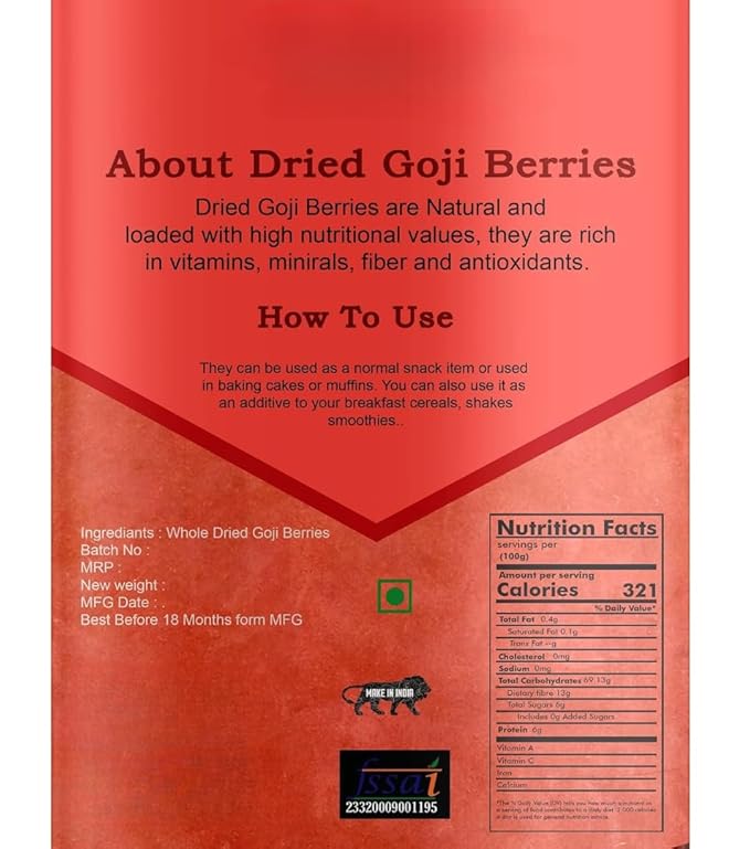 Generic Dried Goji Berries Non-GMO AdditivePreservative-Free &amp Unsweetened Rich in Antioxidants &amp VitaminsEnjoy Plain Use in Baked Goodies Cereal Smoothies-200gm