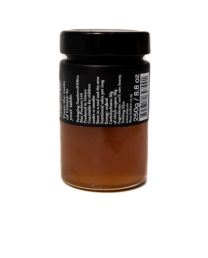 Riza's Greek First Harvest Pine tree honey Raw &amp Unfiltered Limited production naturally low in sugar ( 8.8 oz 250 gr)