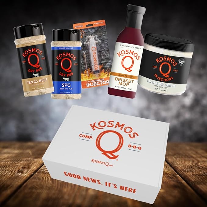 Kosmos Q BBQ Brisket Box Gift Set for Men or Dads Includes Texas Beef Rub SPG Rub Brisket Mop Moisture Magic &amp 1oz Injector Seasoning for Beef Steak &amp More