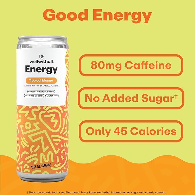 WellWithAll Tropical Mango Energy Drink – Caffeine from Tea – With Vitamin C – Lightly Sparkling Beverage – Fruit &amp Veggie Juice Blend – 12 Oz (Pack of 12)