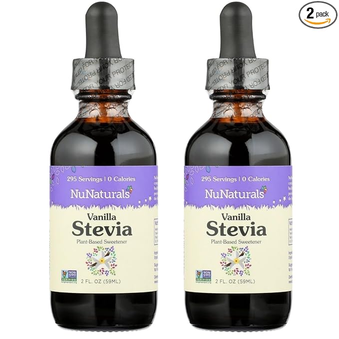 NuNaturals Liquid Vanilla Stevia Sugar-Free Sweetener Plant-Based Sugar Substitute Zero Calorie 2oz (2-Pack)