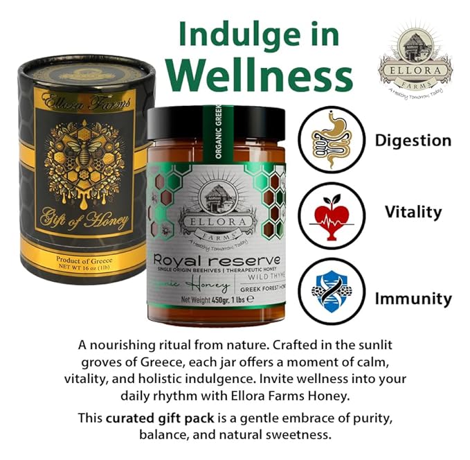 Ellora Farms Organic Greek Honey Bundle – Wild Thyme &amp Pine-Thyme Raw Unfiltered Award-Winning Preservative-Free Gift Pack with Dipper Pure Cold-Pressed – 2 x 450g