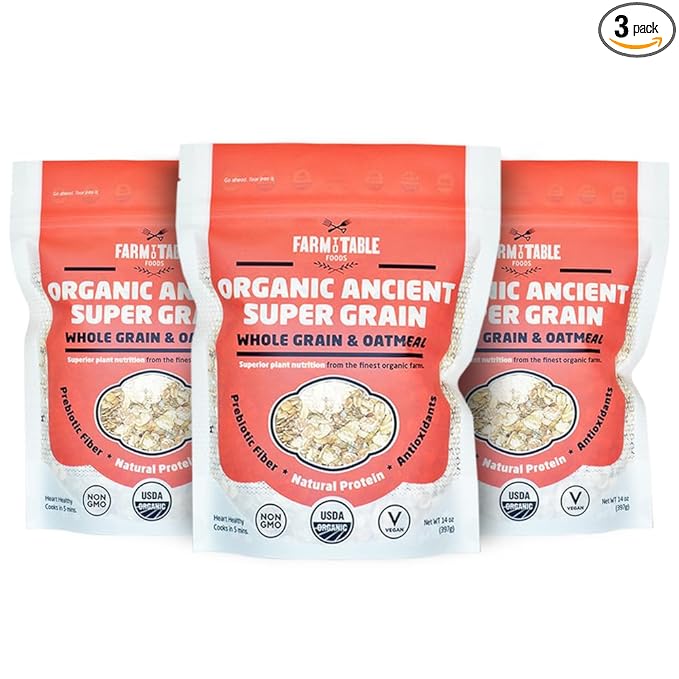 Farm to Table Foods Organic Ancient Super Grain Oatmeal – High-Protein Plant-Based Unsweetened Non-GMO Whole Grains – 3-Pack (14 oz. Bags)