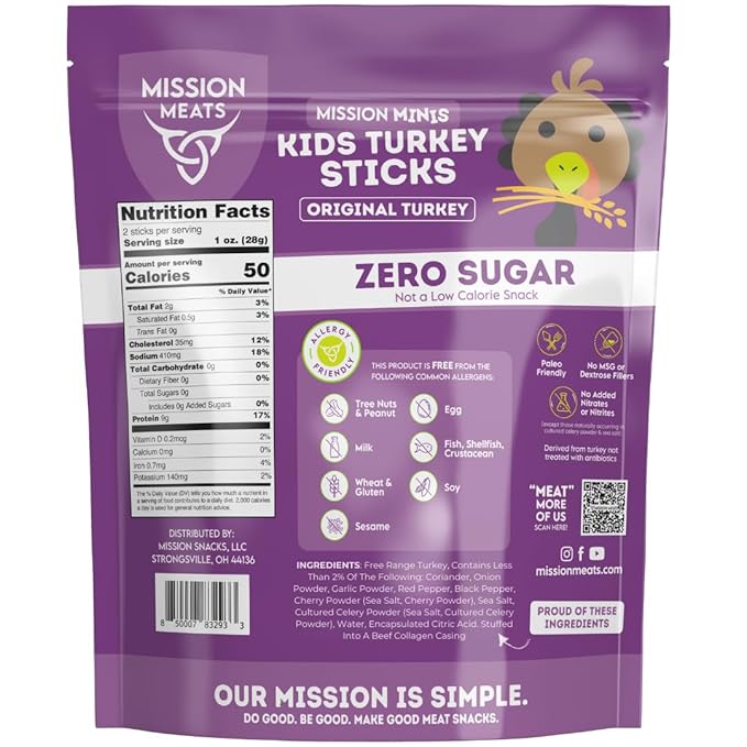 Mission Meats Kids Turkey Sticks 100% Free Range Healthy Snacks for Kids Zero Sugar 9g Protein per Serving Gluten &amp Nut Free Individually Wrapped Mini 0.5oz (24ct Bag)