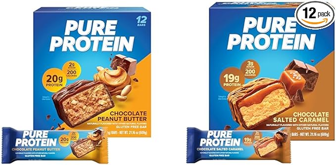 Pure Protein Chocolate Peanut Butter &amp Chocolate Salted Caramel Protein Bars High Protein Nutritious Snacks Gluten Free 1.76oz 12 Count