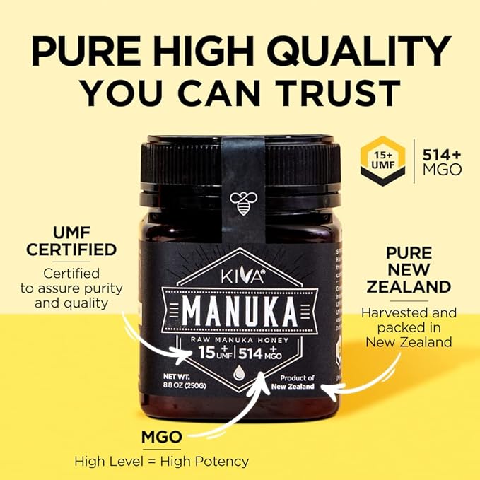 Kiva Raw Manuka Honey - Certified UMF 15+ MGO 514+ 100% Pure Genuine New Zealand Non-GMO Traceable (8.8oz/250g Bottle)