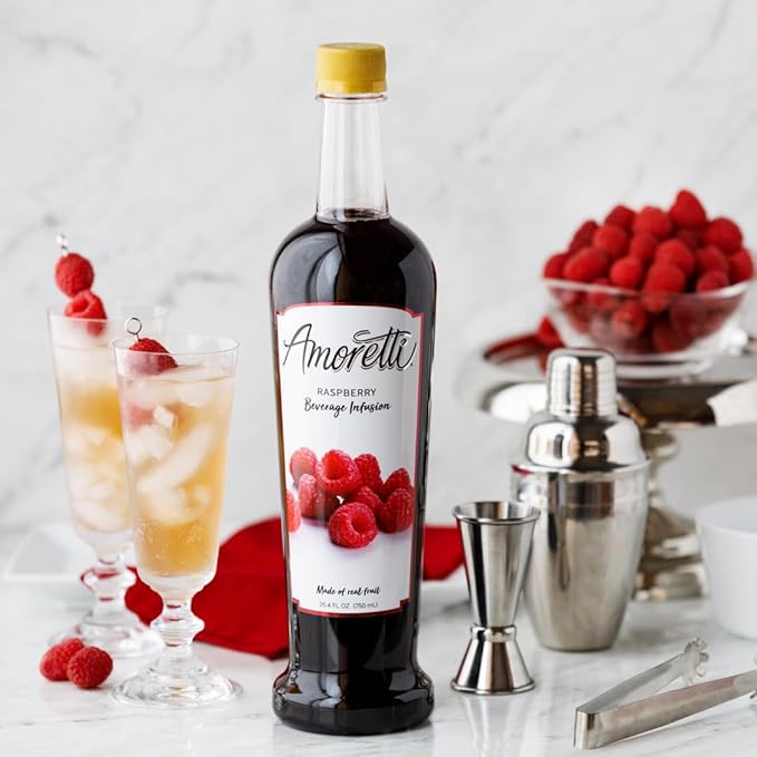 Amoretti - Raspberry Beverage Infusion 94 Servings Per Bottle (750 ml) - Drink Mix &amp Water Enhancer with Pump for Flavoring Cocktails Waters Teas and other Beverages Preservative Free