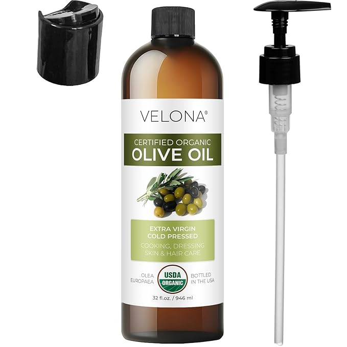 velona USDA Certified Organic Olive Oil - 32 Fl Oz | 100% Pure and Natural Carrier Oil | Extra Virgin Unrefined Cold Pressed | Cooking Dressing Face Hair Body &amp Skin Care | Use Today - Enjoy