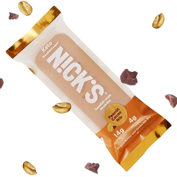Nick's Smak Bar Protein Bar Peanut Cacao Nib Eat Cold No Added Sugar Protein Keto Snack 14g Protein 6g net carbs 8 Count