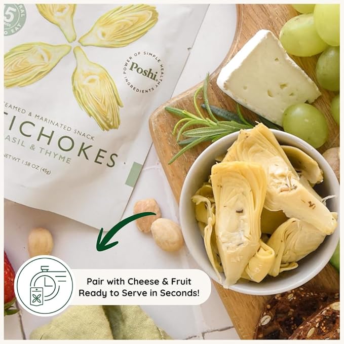 POSHI Artichoke Hearts with Basil and Thyme – Ready-to-Eat Snack Pack – Vegan Keto Low Carb Gluten Free Non-GMO (10 Pack 1.58 oz)