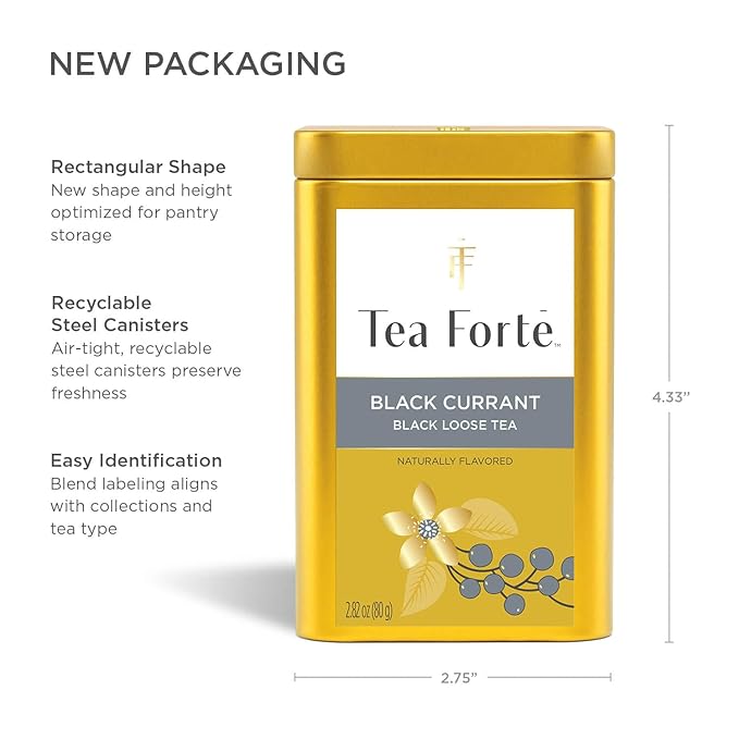 Tea Forte Black Currant Premium Loose Leaf Caffeinated Black Tea Blend Canister Makes 35-50 Cups