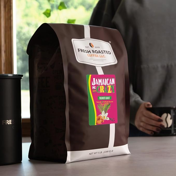 Fresh Roasted Coffee Jamaican Me Crazy Flavored Coffee 5 lb (80 oz) Medium Roast Kosher Ground