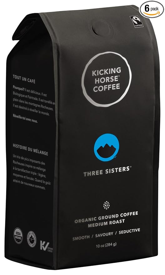 Kicking Horse Coffee Three Sisters Medium Roast Ground Certified Organic Fairtrade Kosher Black 10 Oz Pack of 6