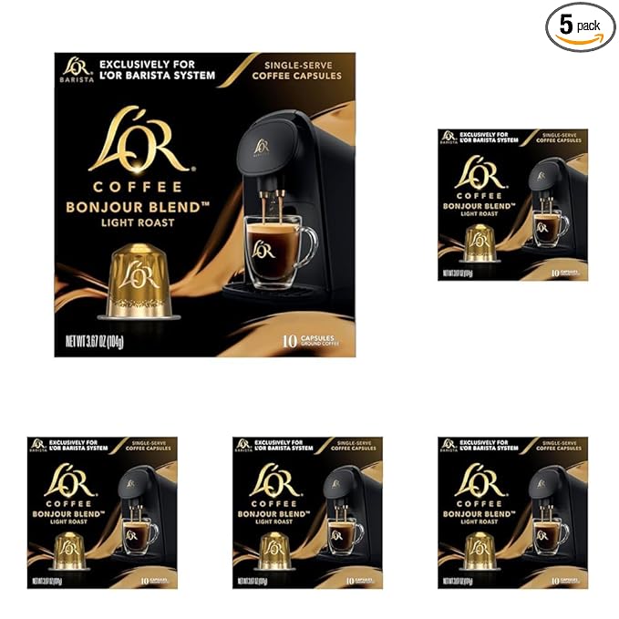 L'OR Coffee Pods 50 Count Bonjour Light Roast Blend Single-Serve Aluminum Coffee Capsules Compatible with the L'OR BARISTA System &amp *Nespresso Original Machines 50 Count (Pack of 5)