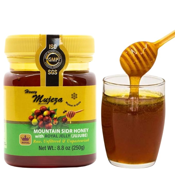 Authentic Mountain Sidr Honey with Royal Jelly – Jujube Honey Supports Mental Health Memory and Cognition 100% Natural Raw Liquid Honey Gluten Free (250g/ 8.8 oz)