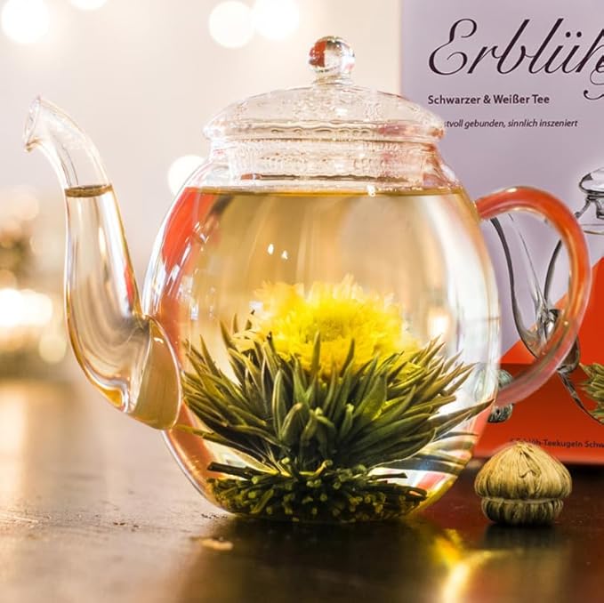 Creano Flowering Tea Abloom Tea - Blooming Tea Gift Set in Stylish Wooden Tea Box - 12 Pieces Mix of White &amp Black Tea a gift for christmas