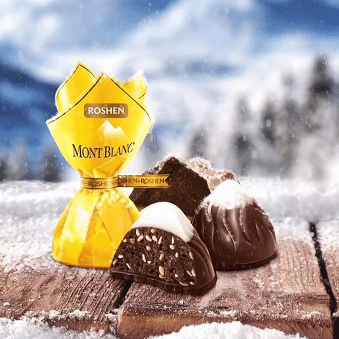 Roshen Mont Blanc Yellow with Sesame and White chocolate Kosher and Halal Delicious Flavorful Sweets Bulk Gourmet Candy 2.204lb/1kg