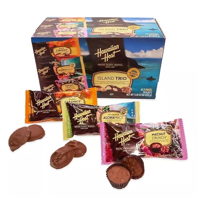 Hawaiian Host Island Trio – Maui Caramacs AlohaMacs Milk and MacNut Crunch – Chocolate Covered Macadamia Nut Gift Box – Premium Hawaiian Treats (30 Individually Wrapped Pieces)