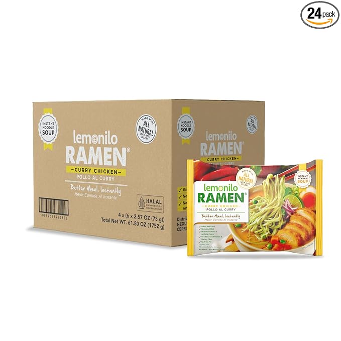 Lemonilo Ramen - Chick'n Curry Soup - Healthy Instant Ramen - Oven-Baked Noodles with Tumeric - Made with All-Natural Ingredients - Quick Meal Kit (2.57 Oz) - Pack of 24