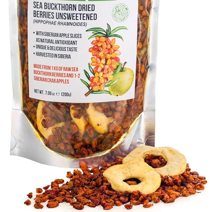 Siberian Sea Buckthorn Dried Berries 7.06 oz (200 g) Unsweetened 100% Raw Natural Wild Harvested Hippophae Fruit Apple as Antioxidant Additives High Omega-7 Sports Bars Yogurt Smoothie Snacks
