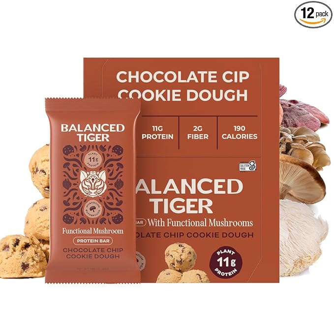Functional Mushroom Vegan Protein Bars | Made in USA | Full Dose Lions Mane Shitake Reishi &amp Maitake Bars | Plant Protein Bars w/Adaptogens &amp Superfoods | Chocolate Chip Cookie Dough Flavor