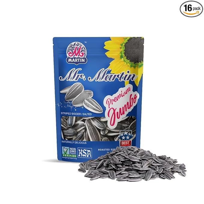 MR. MARTIN Premium Jumbo Salted Sunflower Seeds To Eat Roasted Keto Friendly Snack Kosher Non-GMO Vegan - 3.75 oz 16 Pack