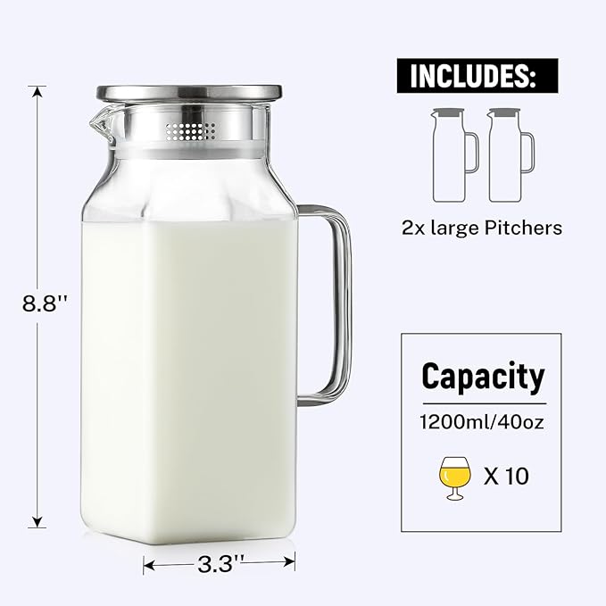 Netany 2 Pack 1.2 Liters/40 oz Small Square Glass Pitcher with Lid and Handle for Fridge Iced Tea and Coffee Carafe Storage Container Resistant to Hot and Cold Borosilicate Jug