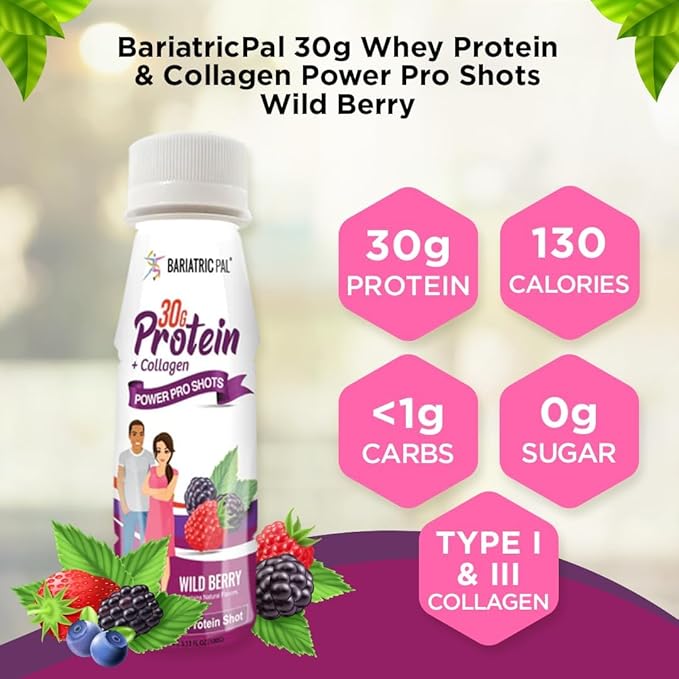 BariatricPal 30g Whey Protein &amp Collagen Power Pro Shots - Wild Berry (6 Bottles)