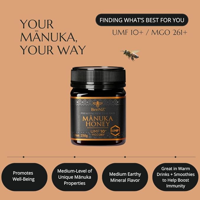 BeeNZ Raw Mānuka Honey Certified UMF 10+ (MGO 263+) Pure New Zealand Monofloral Mānuka Natural Sweetener Superfood for Wellness Support No Sugar Added Traceable from Hive to Jar 8.8 oz/250g