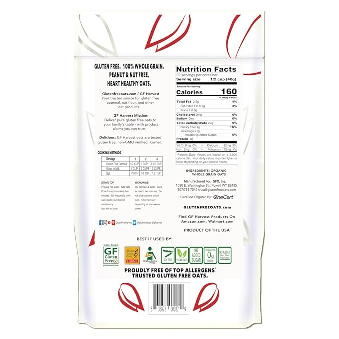 GF Harvest Gluten Free Organic Rolled Oats 32 Ounce Bag Pack of 2
