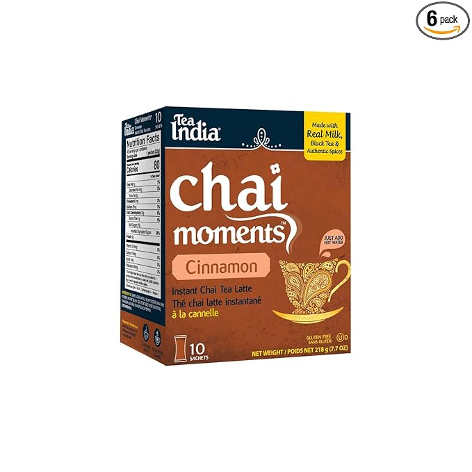 Tea India Chai Moments Cinnamon Chai Tea Instant Latte Mix Flavorful Blend Of Premium Black Tea Cinnamon &amp Natural Ingredients Traditional Indian Tea Individually wrapped 10 Sachets Pack of 6