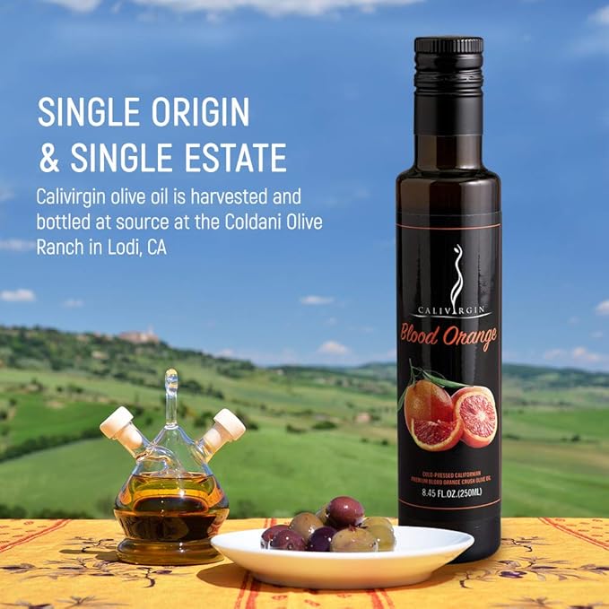 Calivirgin Blood Orange Olive Oil - Blood Orange Infused Extra Virgin Olive Oil - Cold Pressed Olive Oil - Blood Orange Flavored Olive Oil - No Preservatives Organically Grown Olives - 250ml