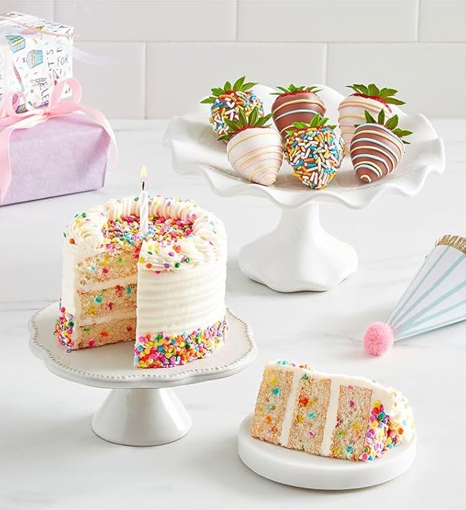 Shari’s Berries 4 Sprinkle Birthday Cake &amp 6 Chocolate Covered Strawberries | Birthday Gift Delivery | Valentine's Day Anniversary Birthdays Congratulations &amp Thank You’s (4 Cake 6 Berri