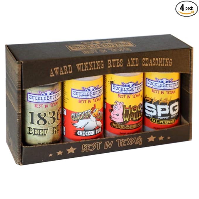 SuckleBusters Texas BBQ Rub Gift Box: Best BBQ Rubs for All-Purpose Beef Chicken Pork &amp Fish Grilling and Smoking Gluten-Free No MSG Shaker (4 Pack Set)