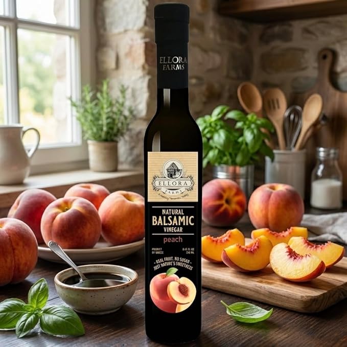 Ellora Farms Peach Infused Balsamic Vinegar Great Taste Award thick and creamy no-added sugars no-preservatives 8.45 oz. bottle (Peach)