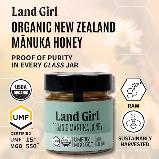 Land Girl Organics New Zealand Raw Premium Manuka Honey | Monofloral USDA Certified Organic Superfood UMF 15+ MGO 550+ Medical Grade 8.8 oz Glass Jar