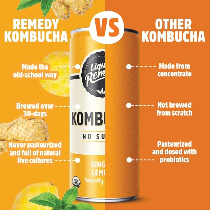 Liquid Remedy Kombucha Sugar Free Organic Drink Low Calorie Probiotic Like Tea for Gut Health - Ginger Lemon - 8.5 Fl Oz Can 24-Pack