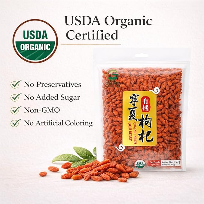 Organic Ningxia Goji Berries – USDA Certified Sun-Dried Superfood Non-GMO Dried Fruit Snack for Tea Oatmeal &amp Smoothies – 12 Ounces Resealable Bag