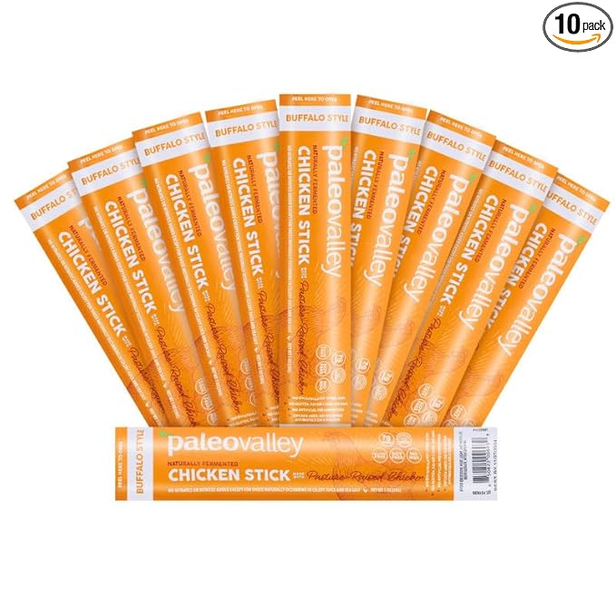 Paleovalley Pasture-Raised Chicken Sticks – 10 Pack – 7g Protein per Stick – Keto-Friendly Paleo Gluten-Free Nitrate-Free – On-the-Go Snack (10 Pack Buffalo)
