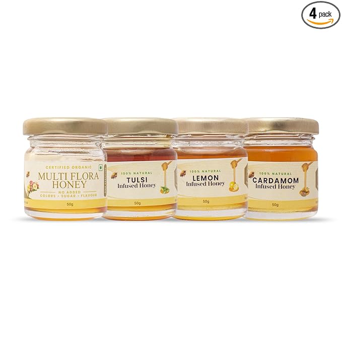 Shiva Organic Honey Tasters - For Chai Lovers Pack | 4 Flavors x 50g Each | Total 200g | Elevate Your Chai Experience with Pure and Natural Honey