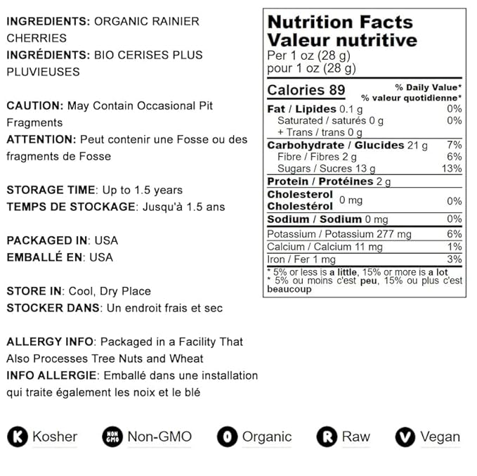 Organic Rainier Cherries 12 Pounds - California Sun-Dried Cherries Non-GMO Pitted Unsweetened Unsulfured Non-Infused Non-Oil Added Non-Irradiated Vegan Raw Bulk