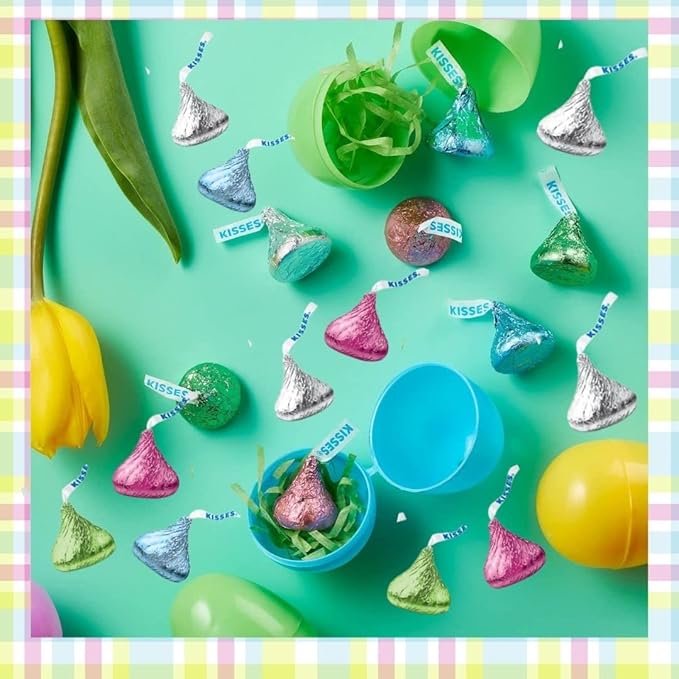 Easter Kisses Milk Chocolate (2 LB.) Bulk Wrapped in Beautiful Pastel Blue Pink Green &amp Silver Foil