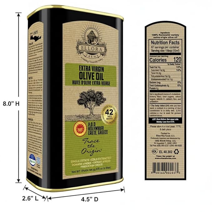 Ellora Farms Olive Oil Extra Virgin Certified Single Estate PDO High Polyphenol Extra Virgin Olive Oil Cold Pressed &amp Traceable EVOO Kosher Crete Greece 33.8 Fl oz (1 Ltr)