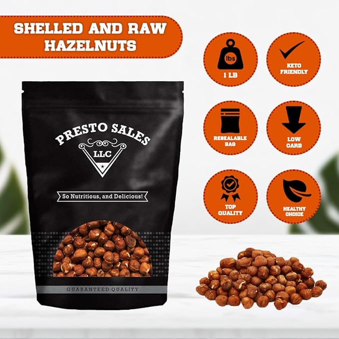 Presto Sales Large Shelled Hazelnuts Raw (AKA Filberts) 16 oz. | Non-GMO Natural Healthy Protein Snack | Keto/Paleo Friendly | Resealable 1 lb bag