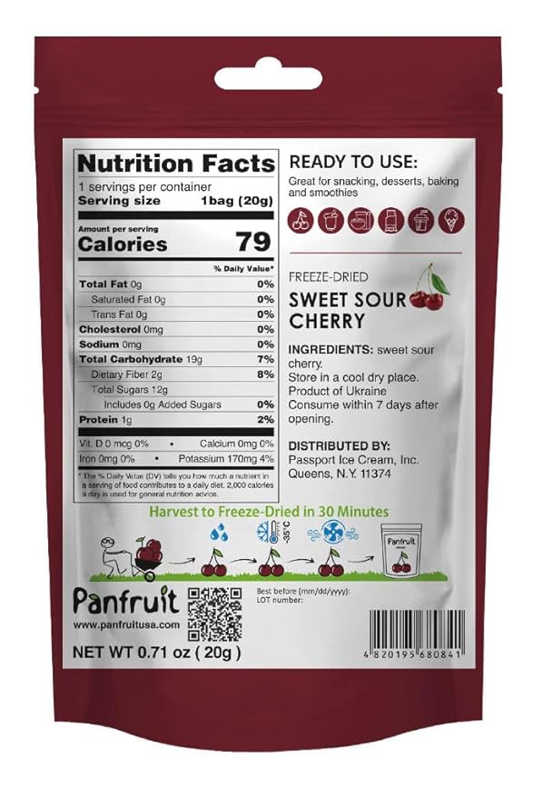 PANFRUIT Freeze-Dried Sweet Sour Cherry 4 Packs Whole Berries Non-GMO No Added Sugar Gluten-Free