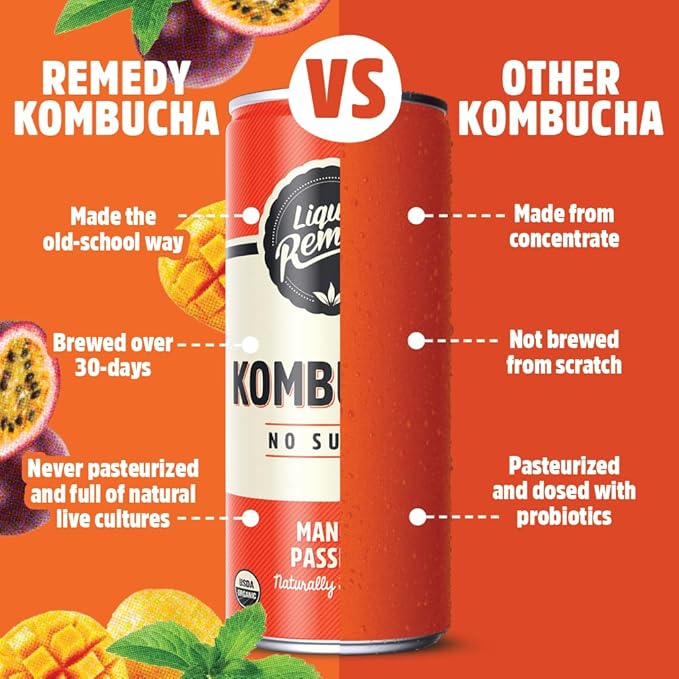 Liquid Remedy Kombucha Sugar Free Organic Drink Low Calorie Probiotic Like Tea for Gut Health - Mango Passion - 8.5 Fl Oz Can 24-Pack