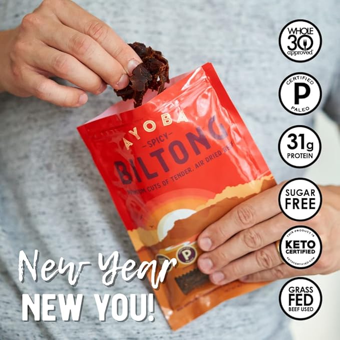 Ayoba Spicy Grass Fed Beef Biltong Slices (2 Ounce Pack of 3) - Keto Friendly Air-Dried Grass Fed Beef Paleo Snacks - Gluten Free Whole 30 Approved Sugar free No Carb Meat Snacks