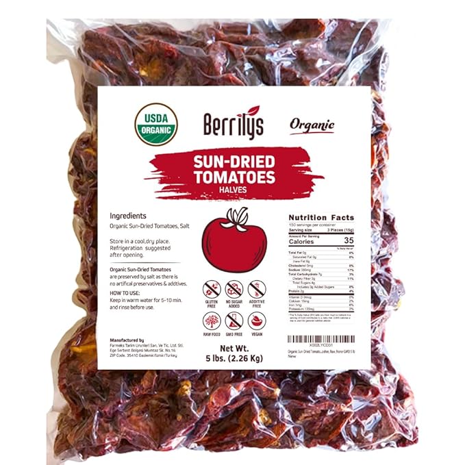 Berrilys Organic Sun-Dried Tomatoes Salted No Sulfur No Preservatives Kosher Raw Non-GMO Great Ingredient for Baking and Cooking Requires Pre-treatment or Cooking Before Consumption 5 LB